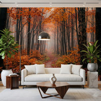 Hallway space featuring Misty Autumn Forest Path wall mural forest depth
