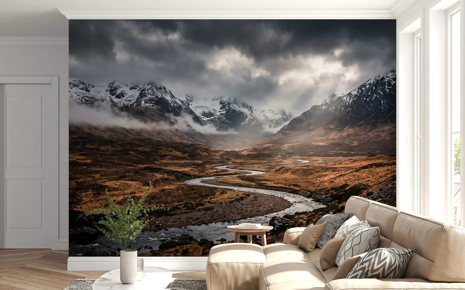 Highlands Dramatic Embrace wall mural with dark clouds and valley depth