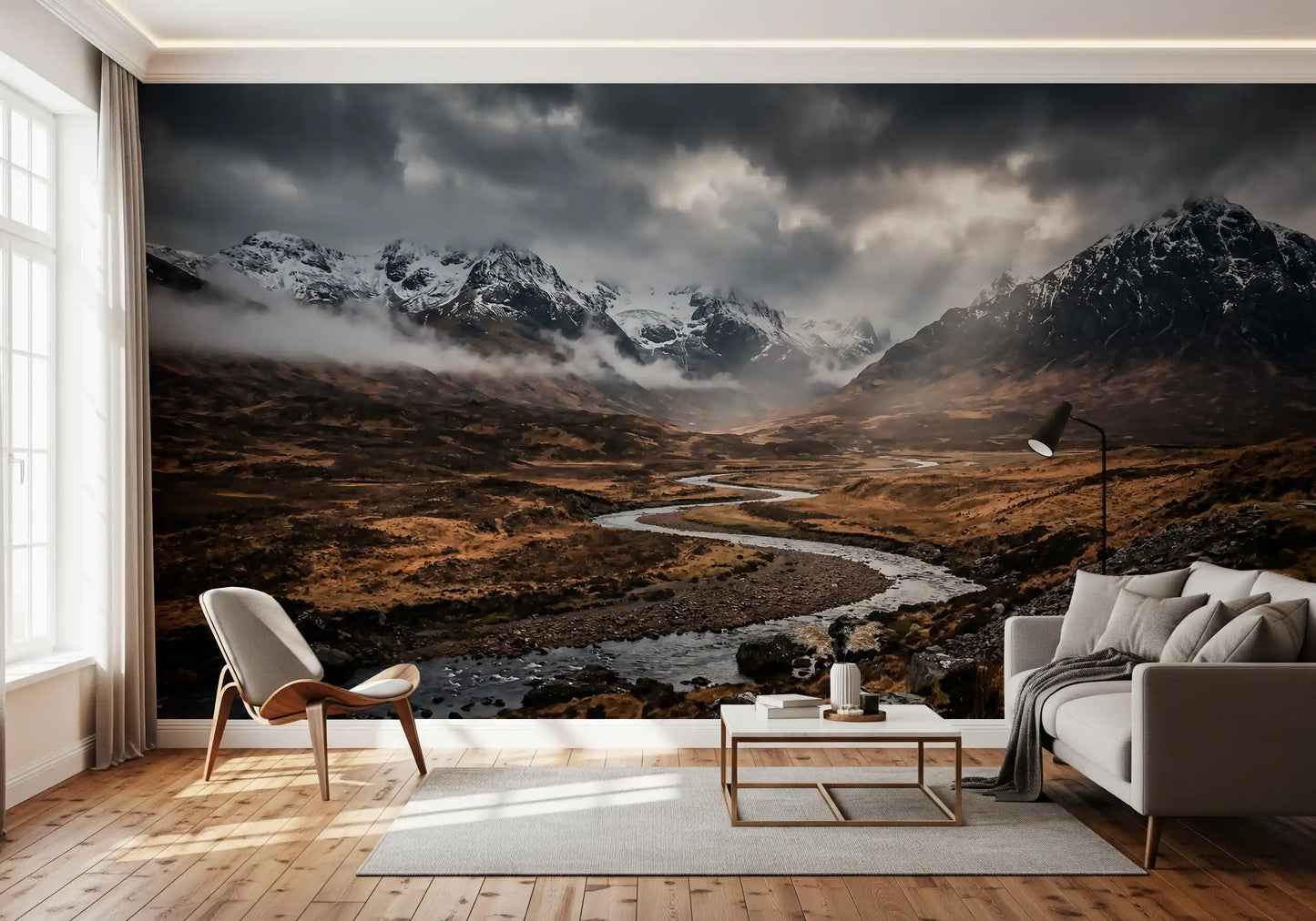 Valley river wall mural with dramatic sky and snow-covered mountains