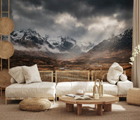 Living room styled using Highlands Dramatic Embrace wall mural with peaks