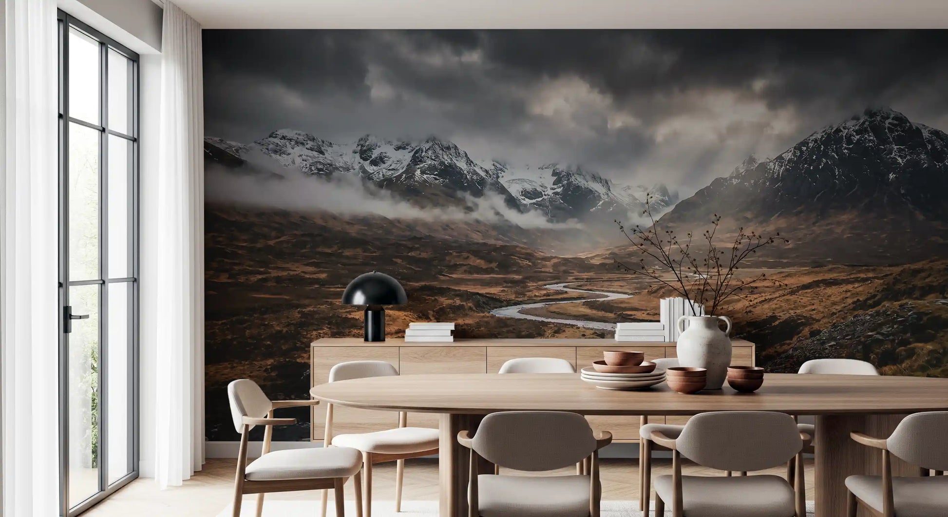 Mountain landscape wall mural showing cloudy sky and rugged peaks