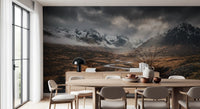 Mountain landscape wall mural showing cloudy sky and rugged peaks