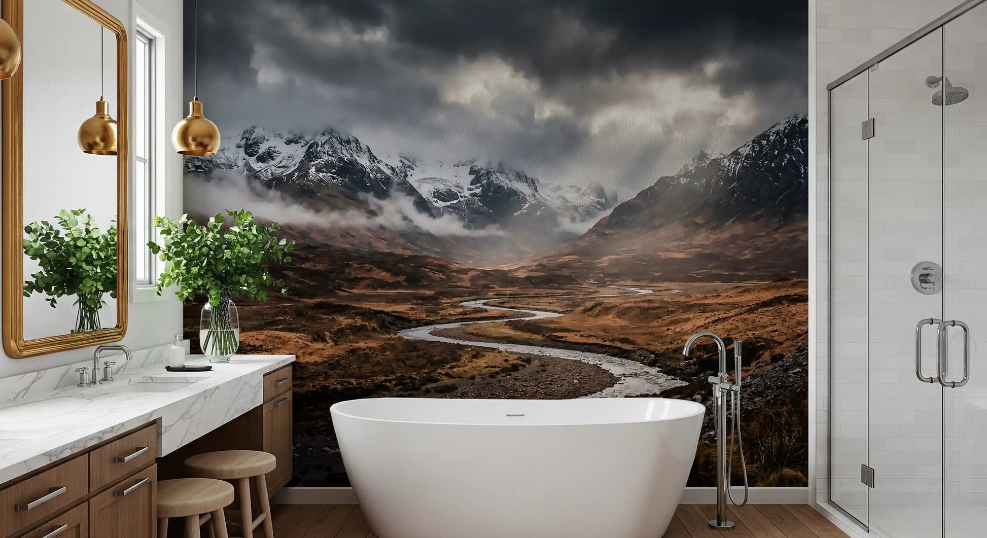 Scenic mountain wall mural with river flow and earthy textures