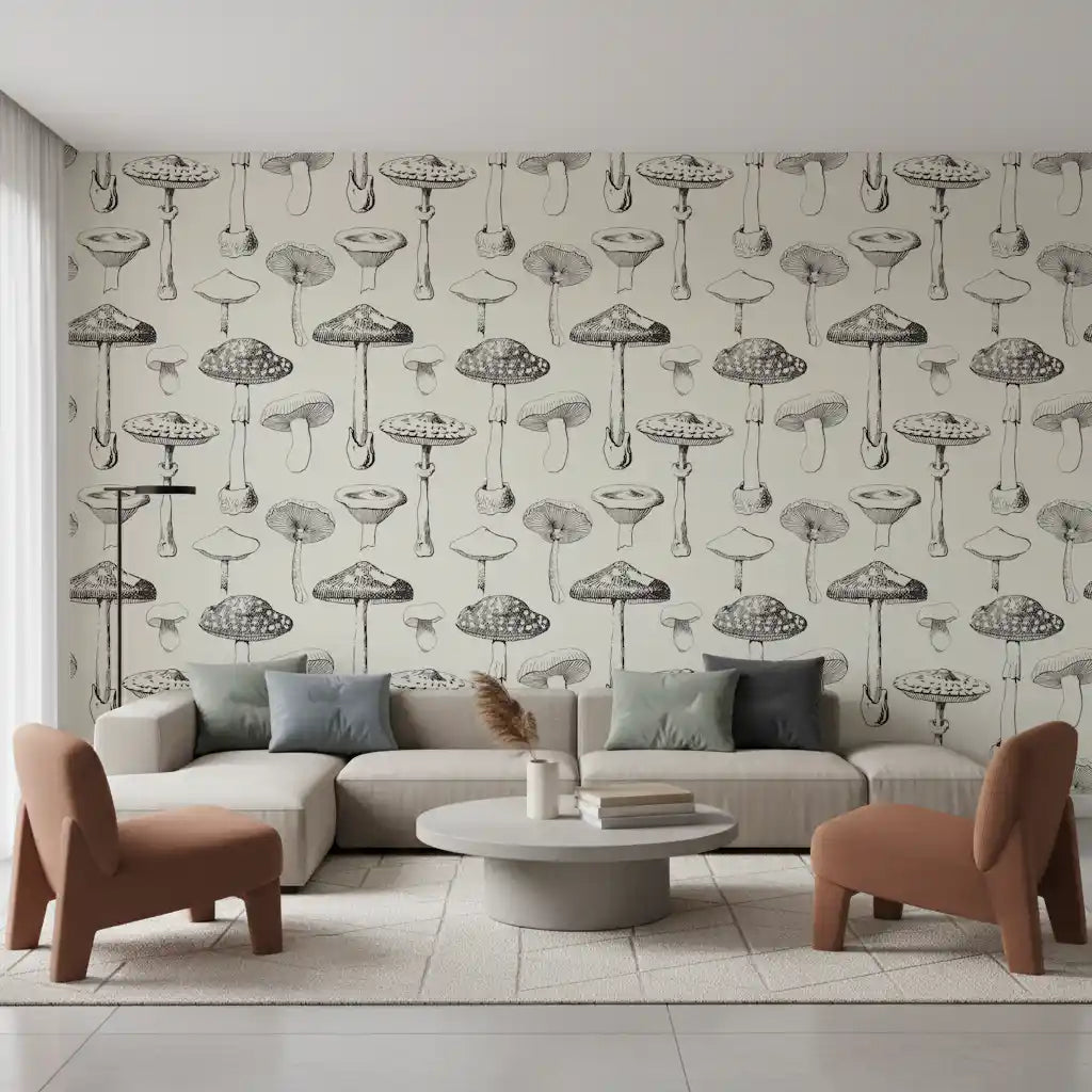 Monochrome Forest Mushroom Sketch Wallpaper for a feature wall.