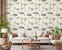 Forest Mushroom Sketch Wallpaper used in a modern living room.