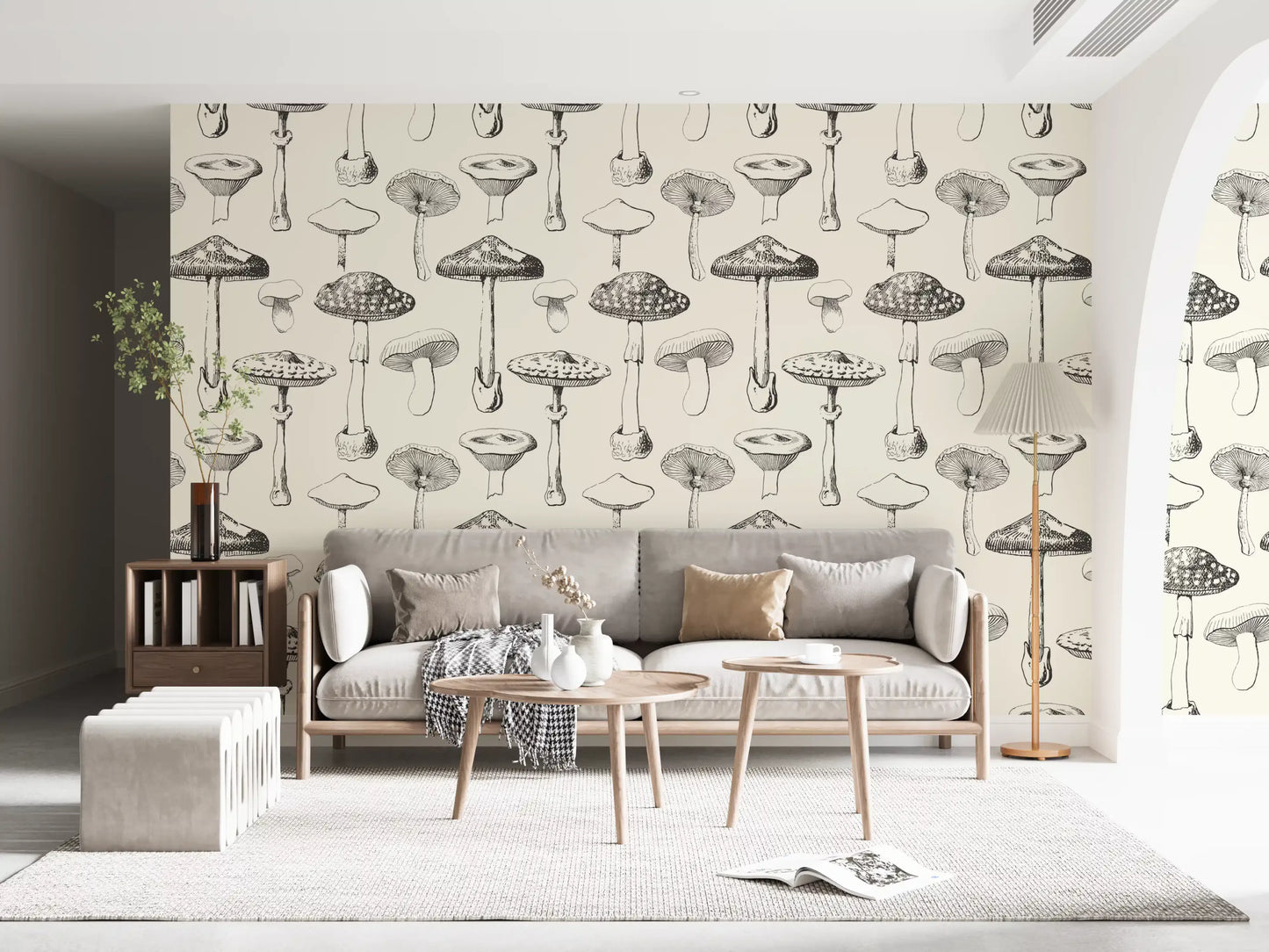 Forest Mushroom Sketch Wallpaper with black and white fungi.