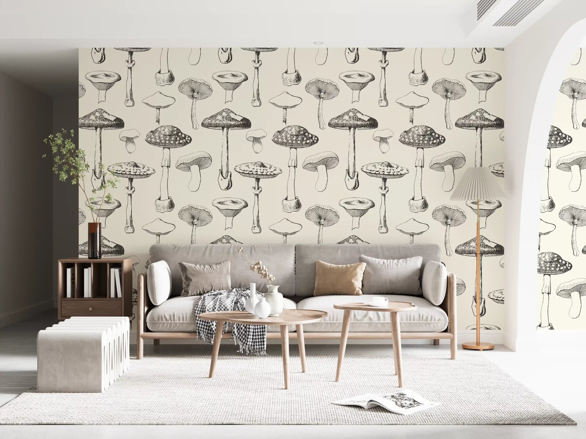 Forest Mushroom Sketch Wallpaper with black and white fungi.