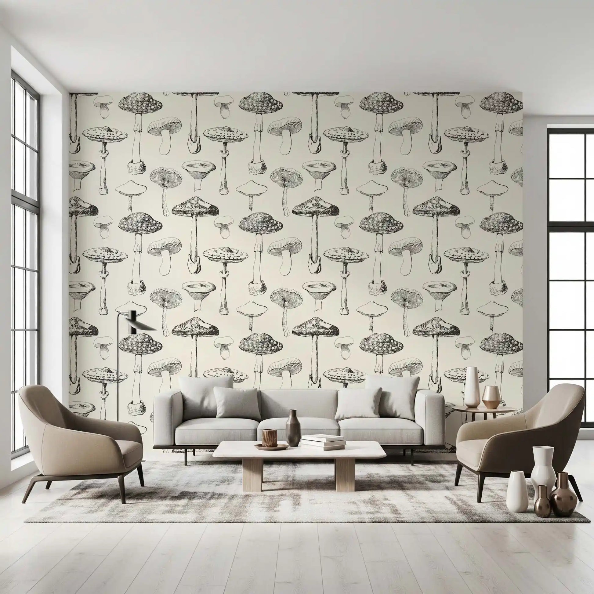 Forest Mushroom Sketch Wallpaper for a neutral living room wall.
