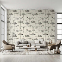 Forest Mushroom Sketch Wallpaper for a neutral living room wall.