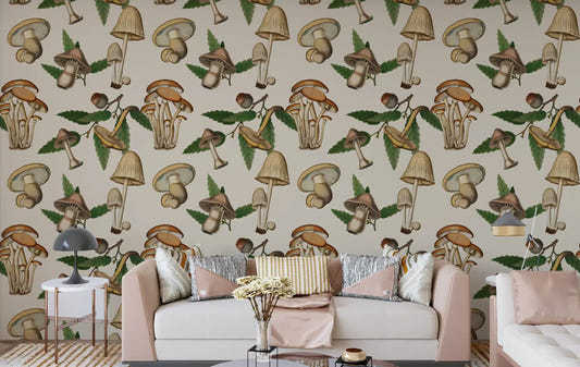 Living room with Ancient Forest Mushrooms and Acorns Wallpaper.