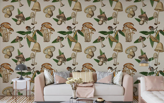 Living room with Ancient Forest Mushrooms and Acorns Wallpaper.