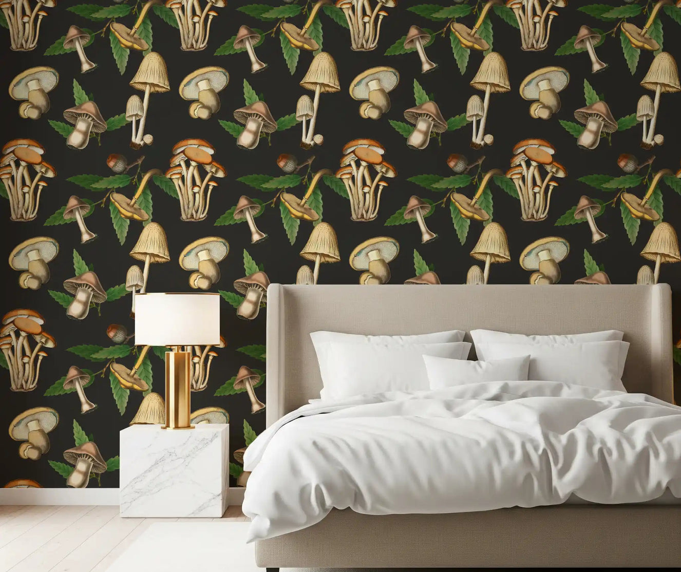 Bedroom wall styled in Forest Mushroom Pattern wallpaper with leafy fungi detail
