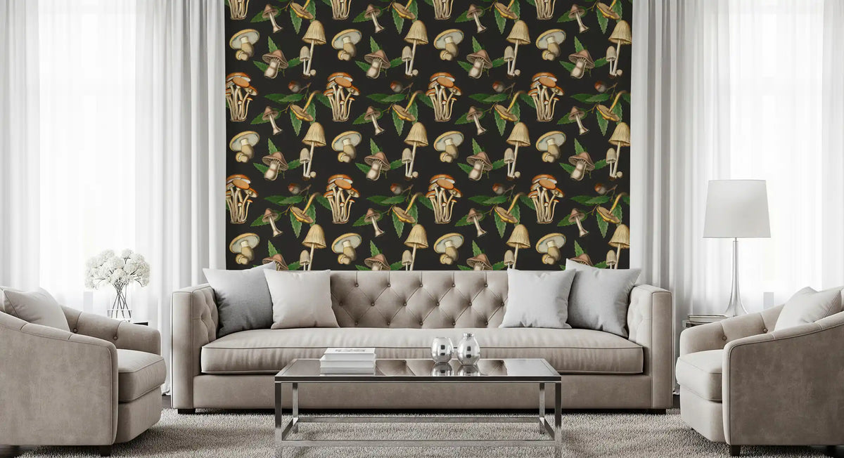 Vintage Forest Mushroom Wallpaper with Botanical Woodland Detail