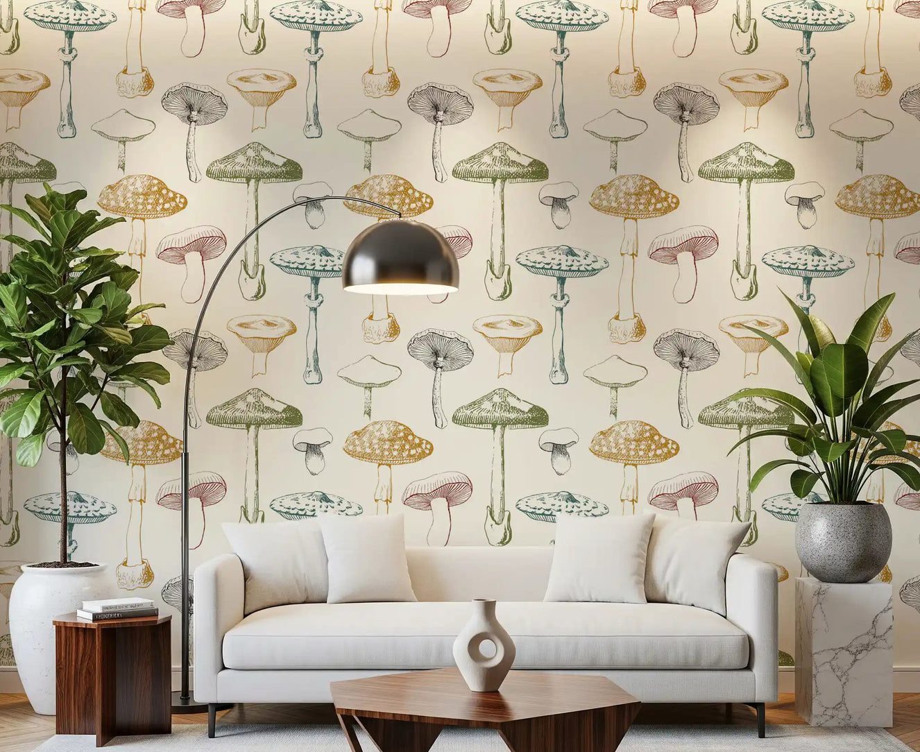 Home Office finished in Antique Wallpaper with airy mushroom illustrations on a pale base