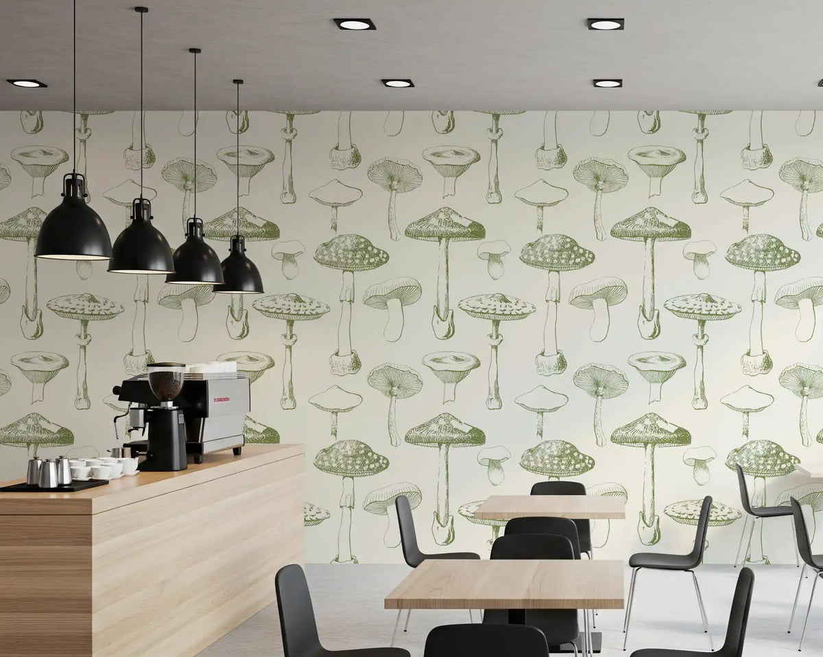 Ancient Forest Mushrooms Wallpaper with Vintage Botanical Linework