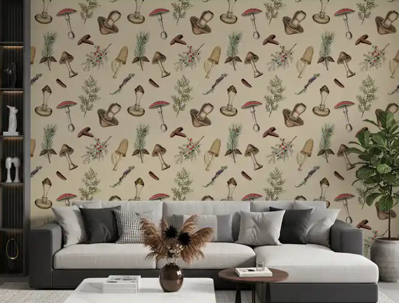 Living room Rustic Forest Fodder wallpaper with mushroom and pine motifs