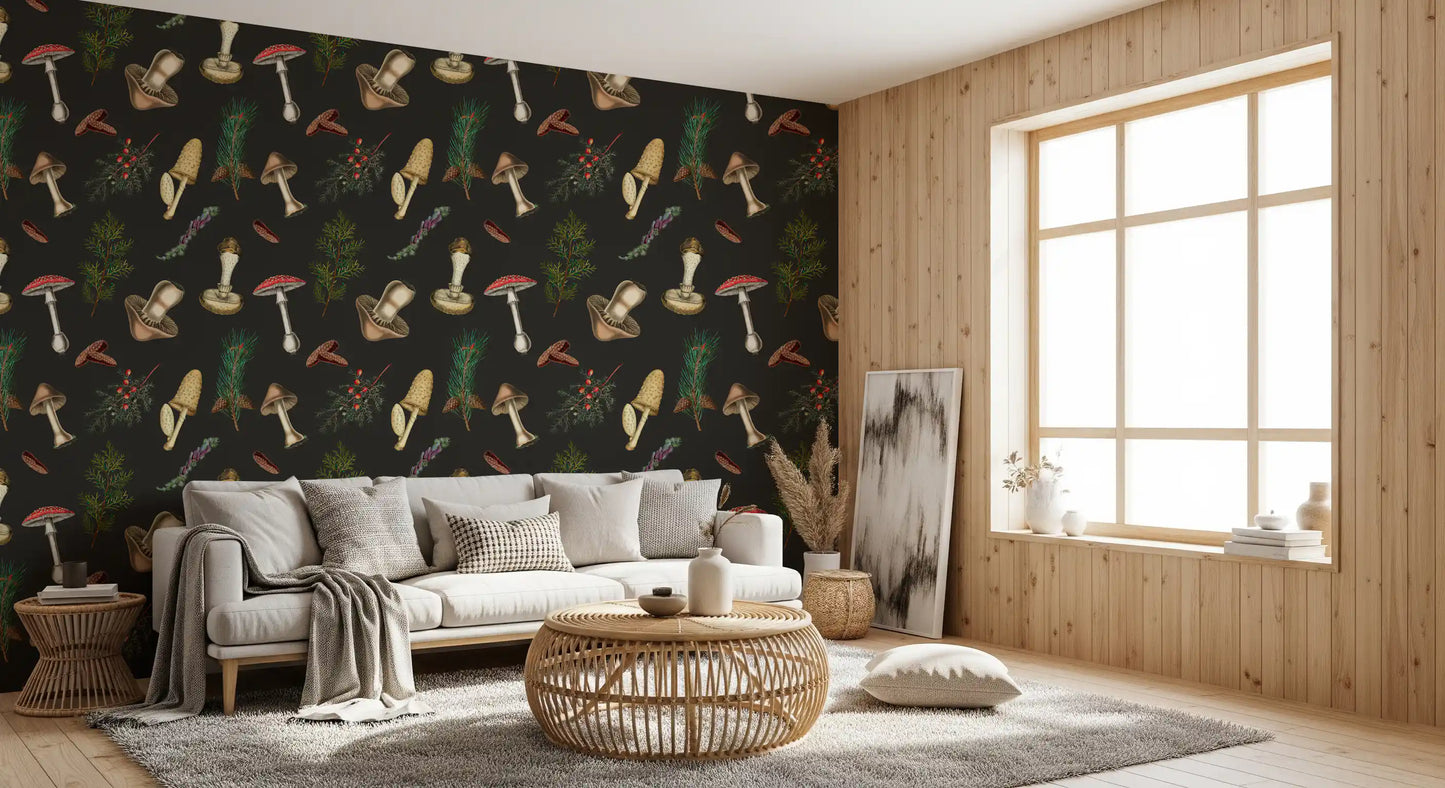 Vintage Pilz- und Tannenwald-Muster Tapete