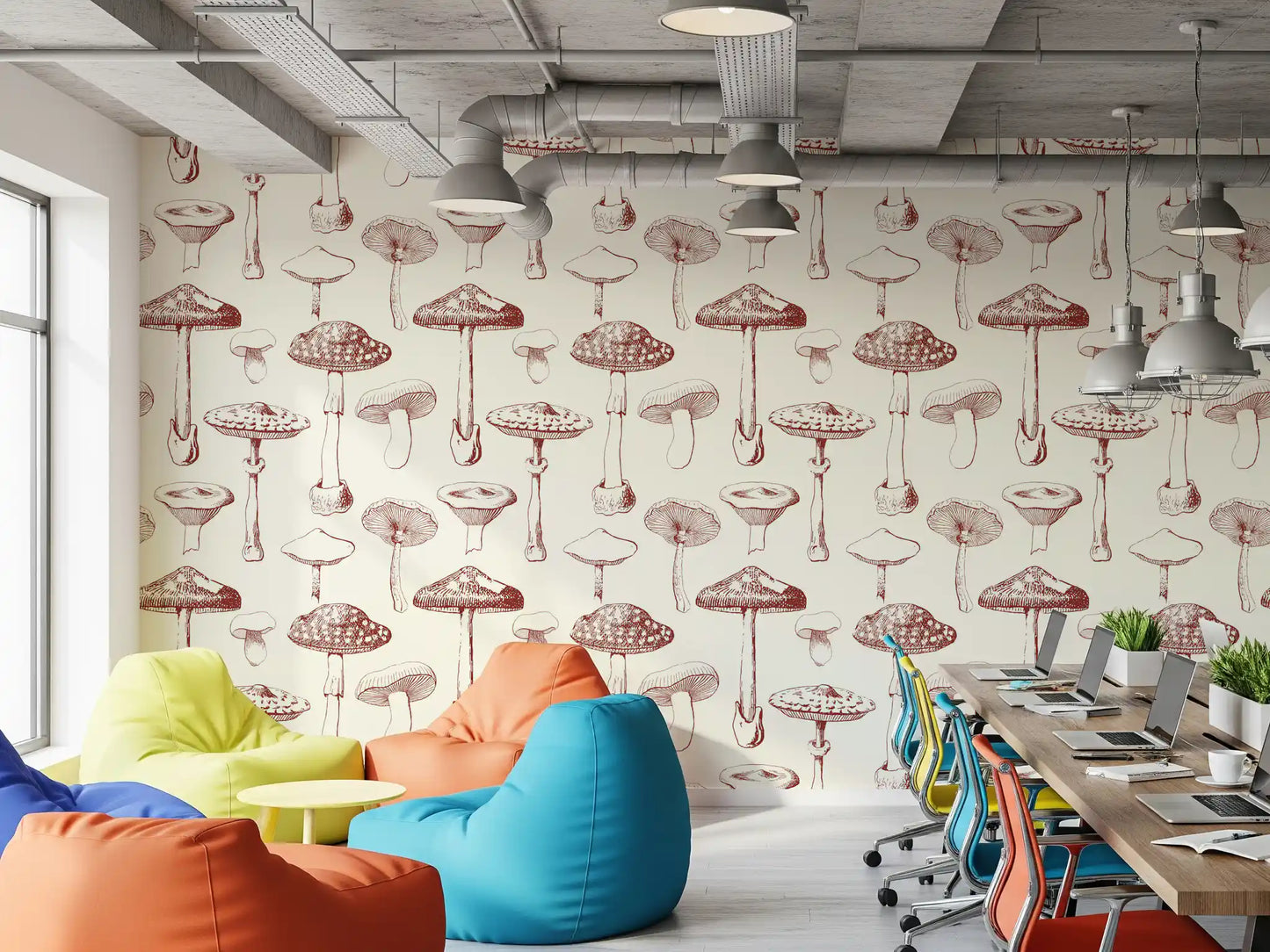 Office Vintage Mushroom wallpaper with fine mushroom line art repeat