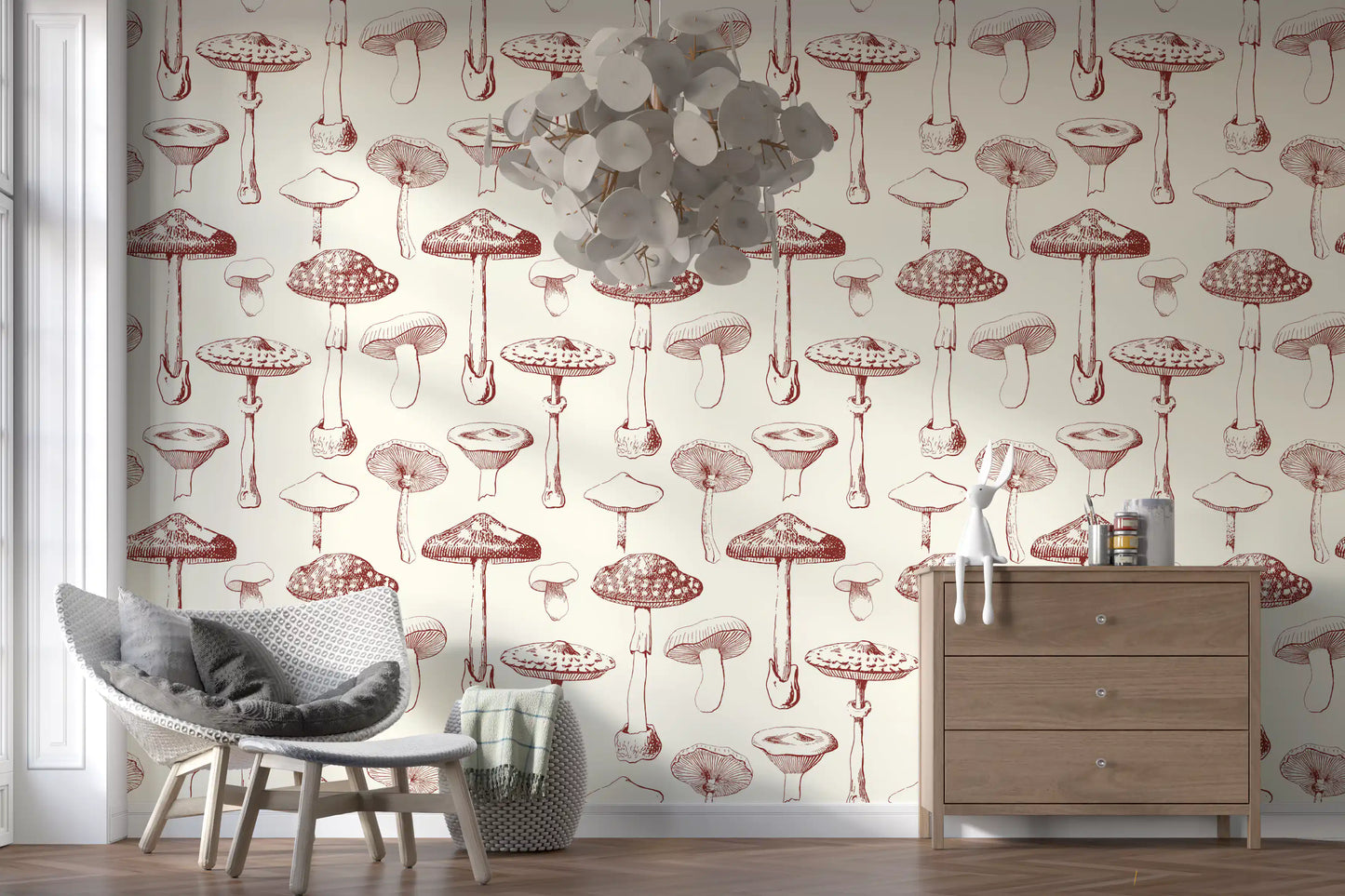 Sketch-led fungi repeat enriches Vintage Grove wallpaper with natural charm