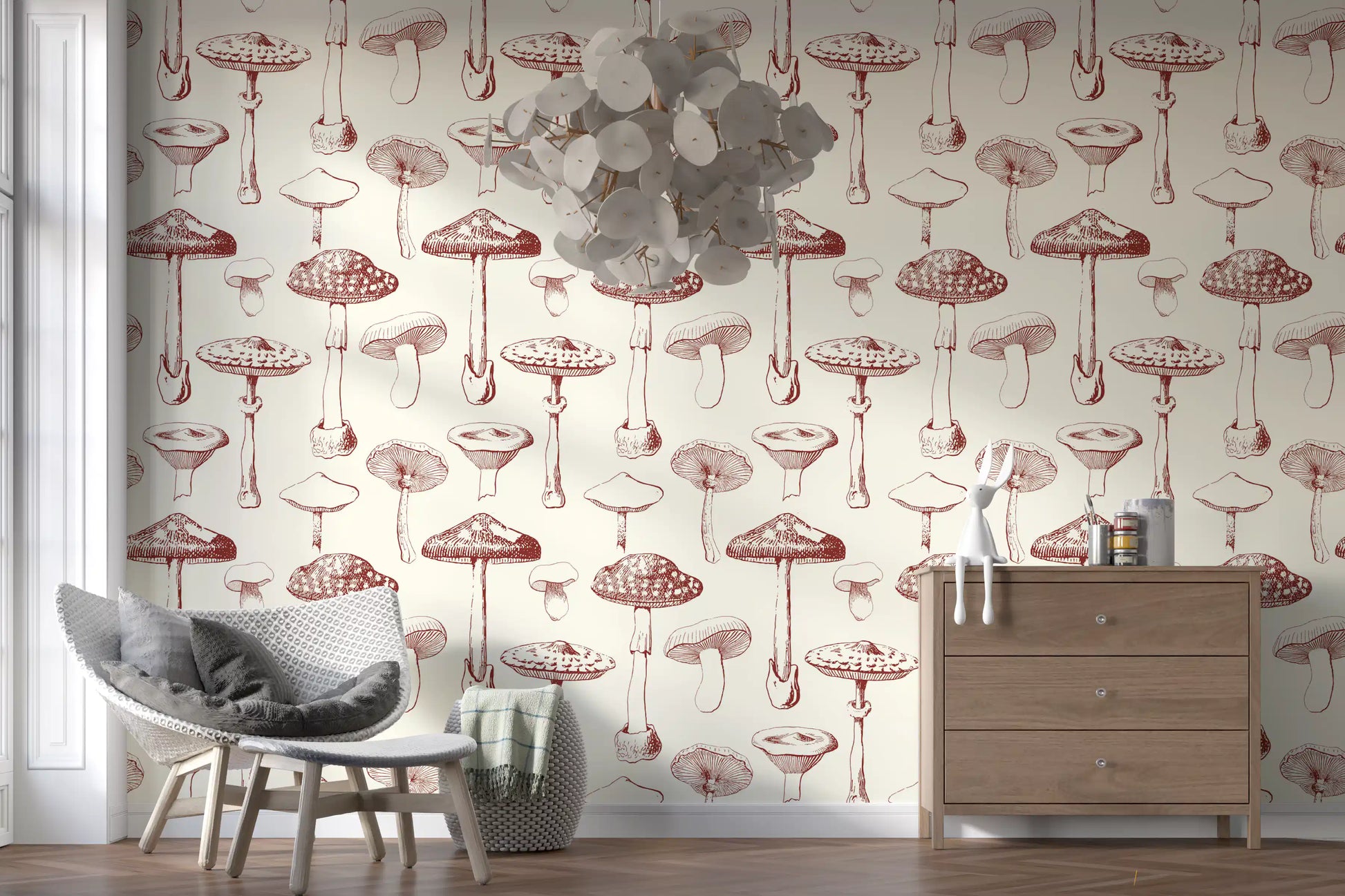 Sketch-led fungi repeat enriches Vintage Grove wallpaper with natural charm