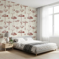 Bedroom wall using Vintage Grove wallpaper with antique mushroom drawings