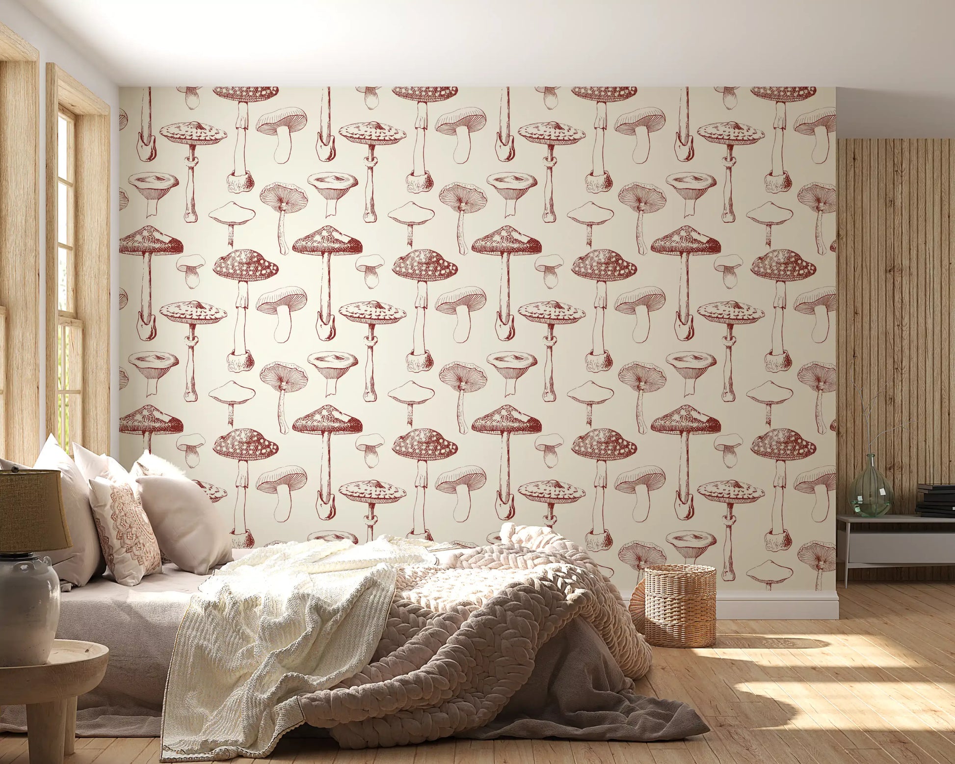 Bedroom Mushroom Grove wallpaper in earthy illustrated fungi pattern