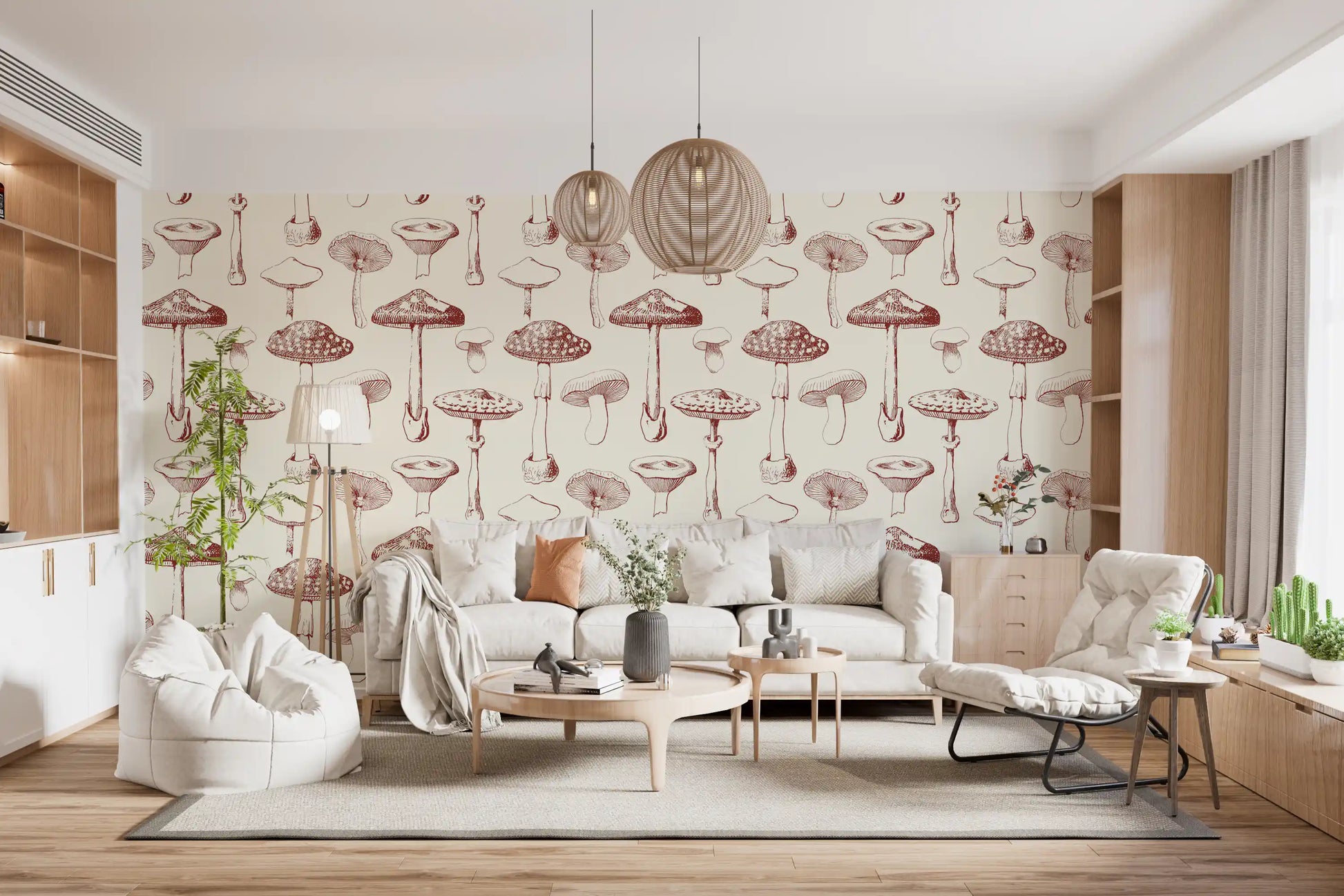Vintage Mushroom Grove Wallpaper with delicate fungi sketches on a pale ground