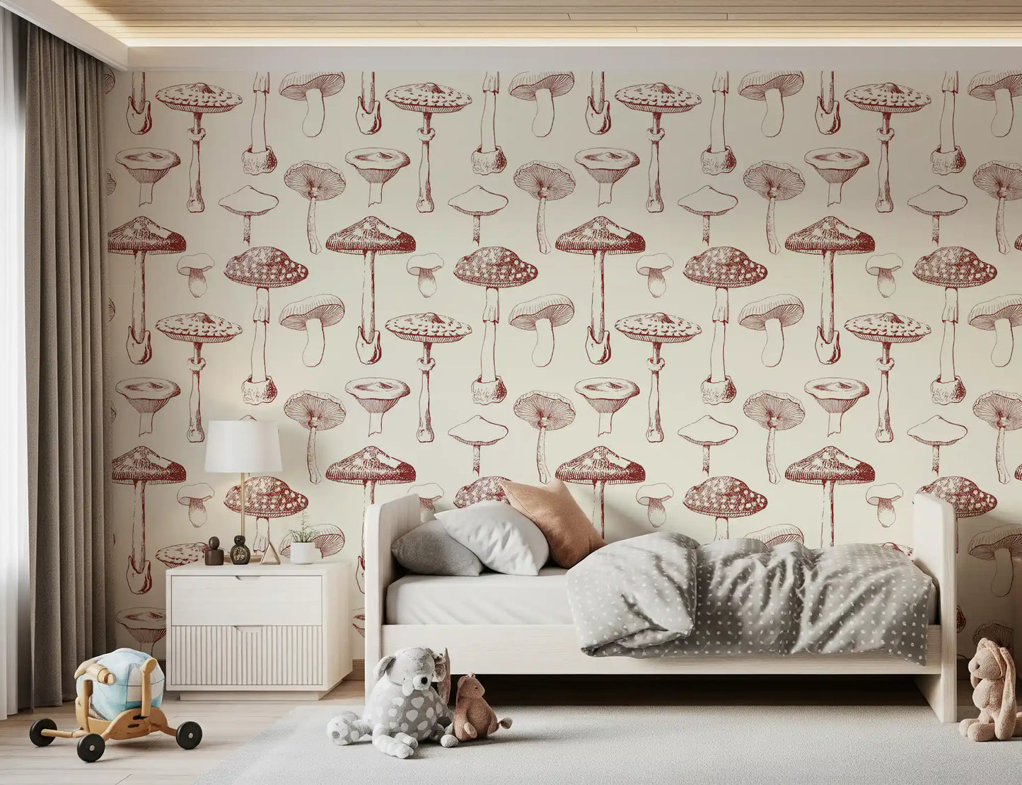 Bedroom wall in Mushroom Grove wallpaper with vintage botanical sketch detail