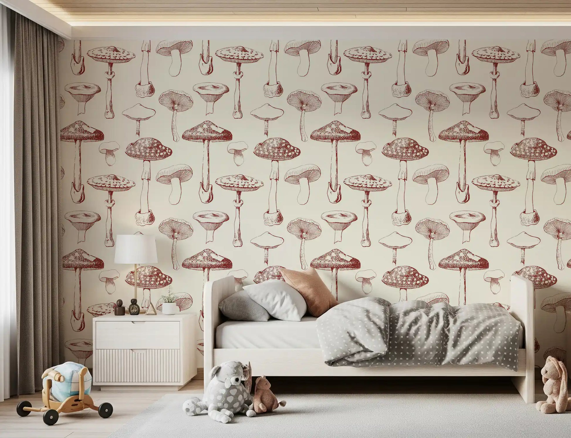 Bedroom wall in Mushroom Grove wallpaper with vintage botanical sketch detail