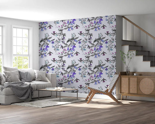Hallway wall in Twilight Bloom wallpaper with cool floral bird motifs