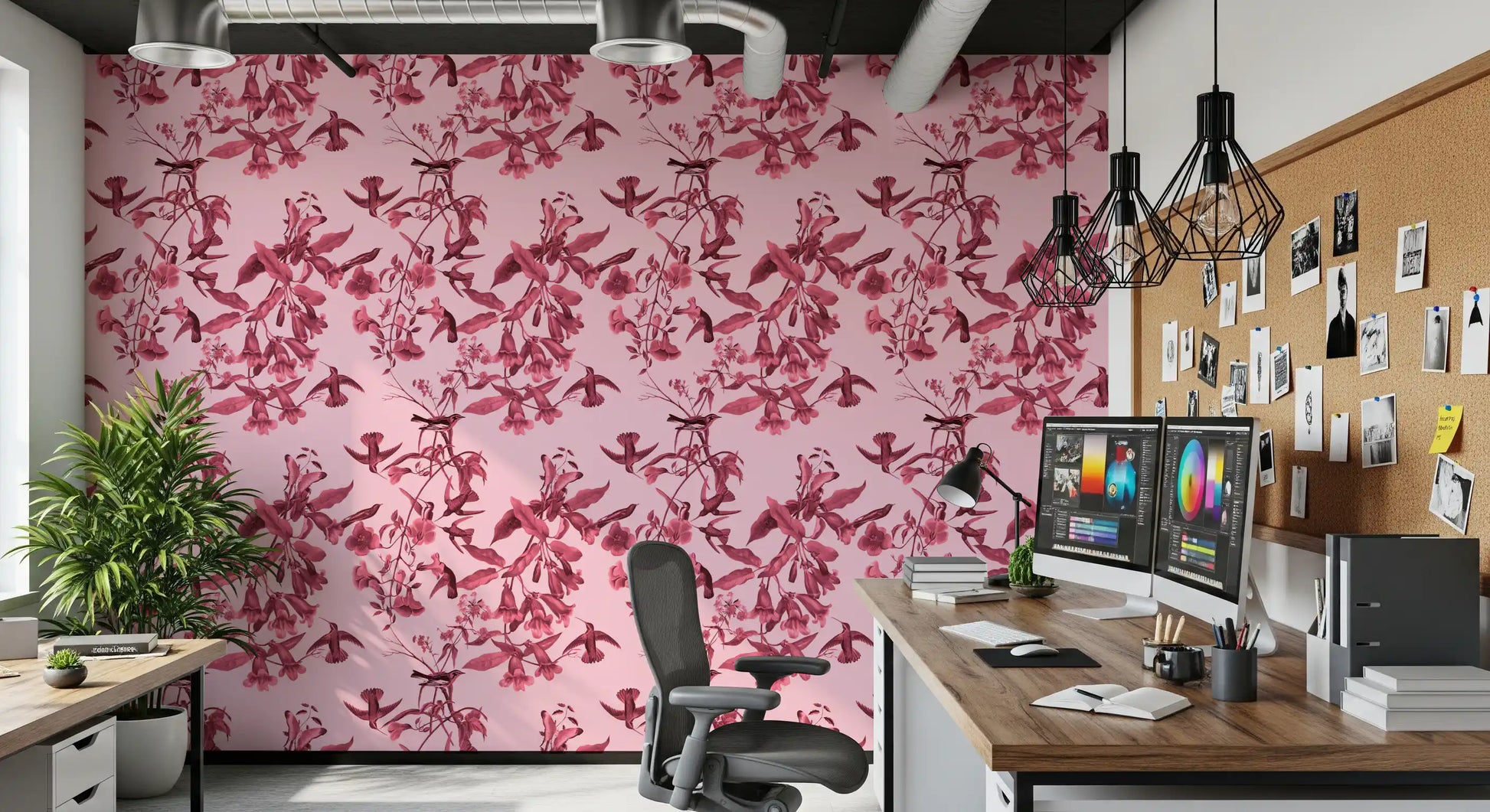 Office Botanical Flight wallpaper in pink floral and bird illustration style
