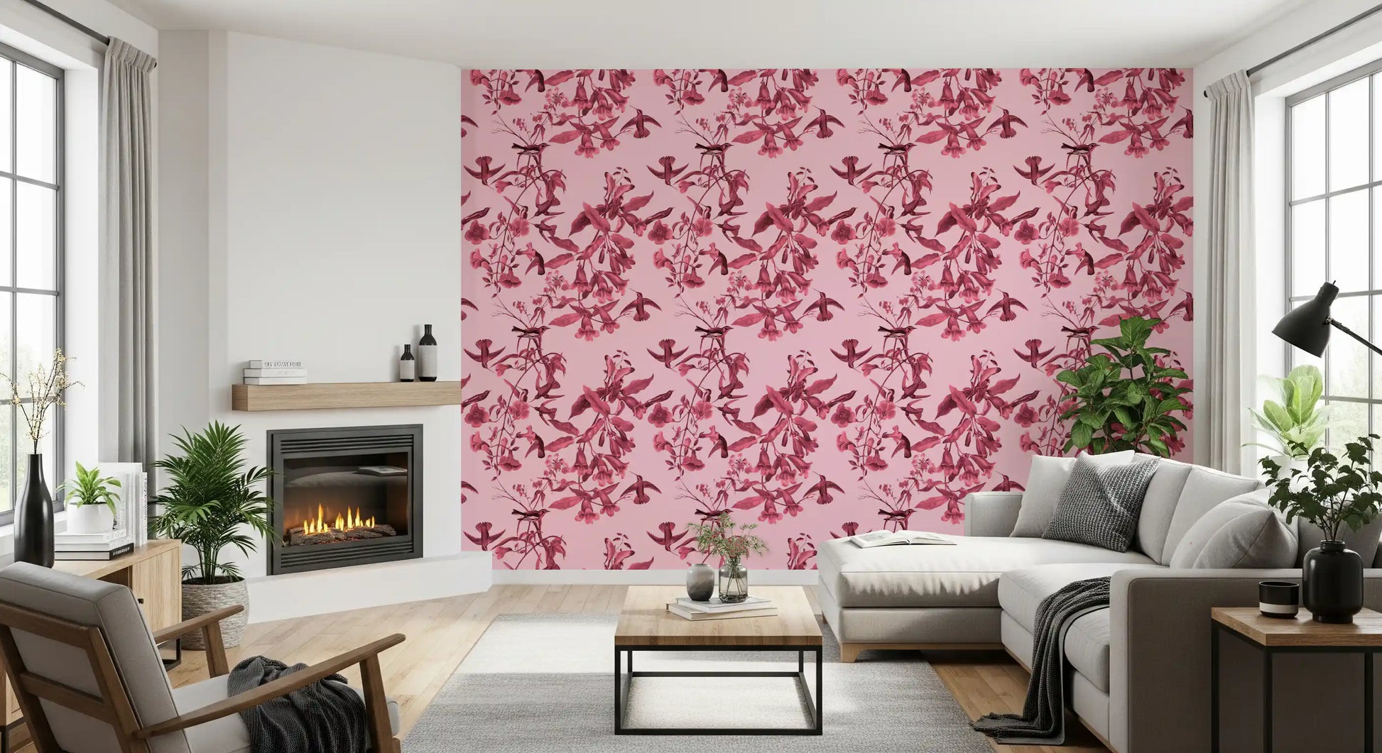 Open floral spacing defines Magenta Flight wallpaper with elegant bird motifs