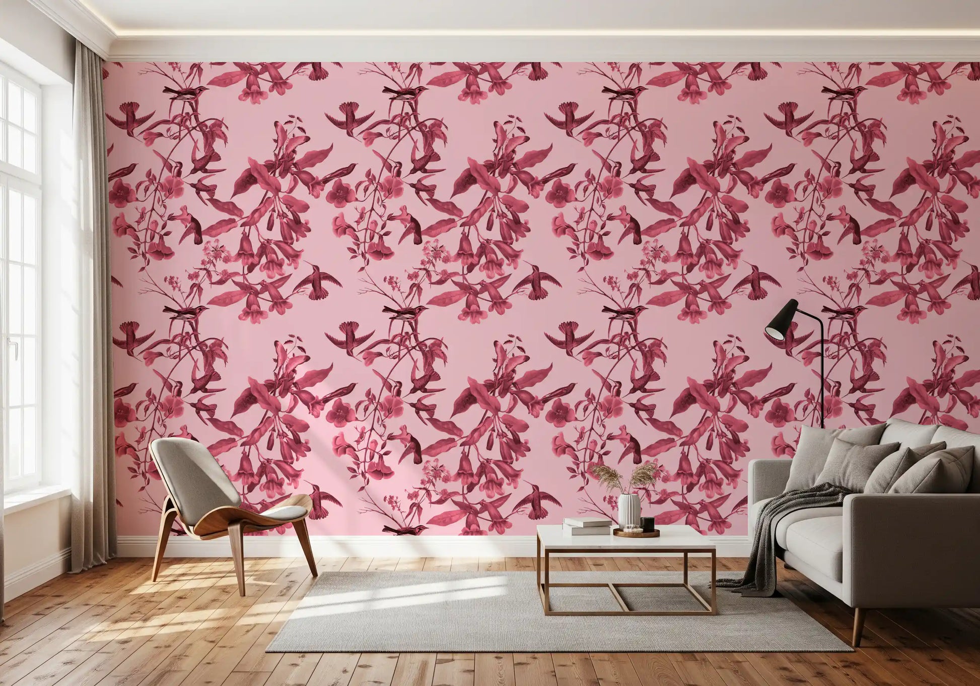 Hallway Magenta Flight wallpaper with hanging flowers and winged motifs