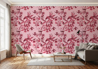 Hallway Magenta Flight wallpaper with hanging flowers and winged motifs