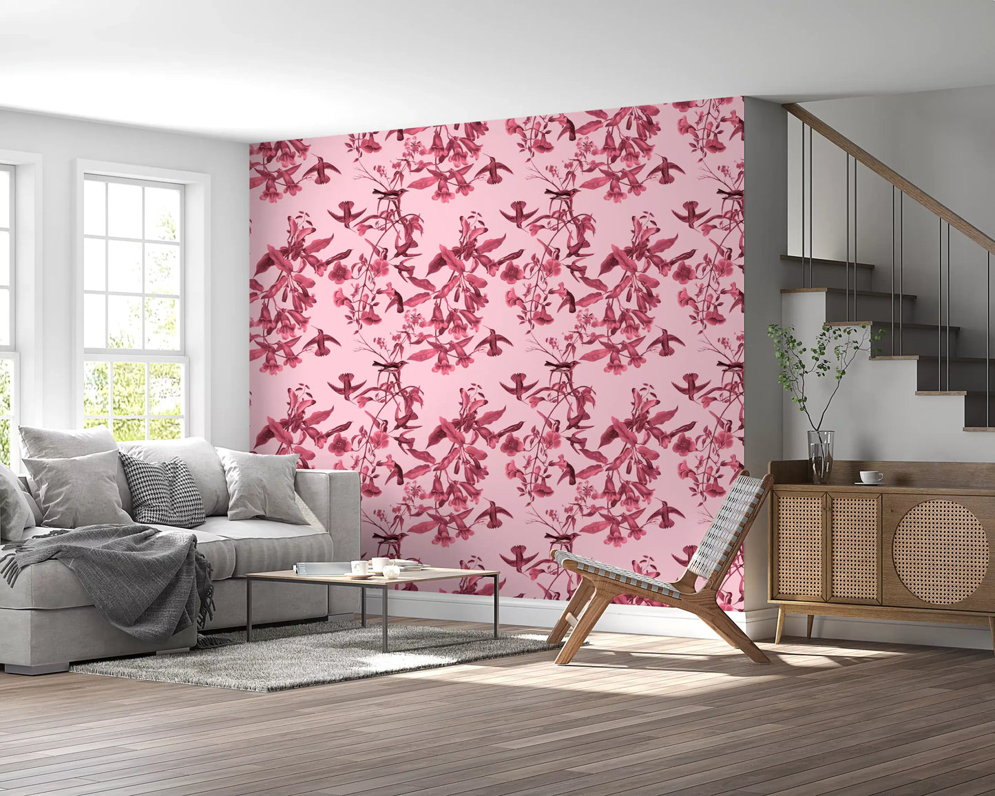 Tonal hummingbirds drift across Botanical Flight wallpaper with floral branches