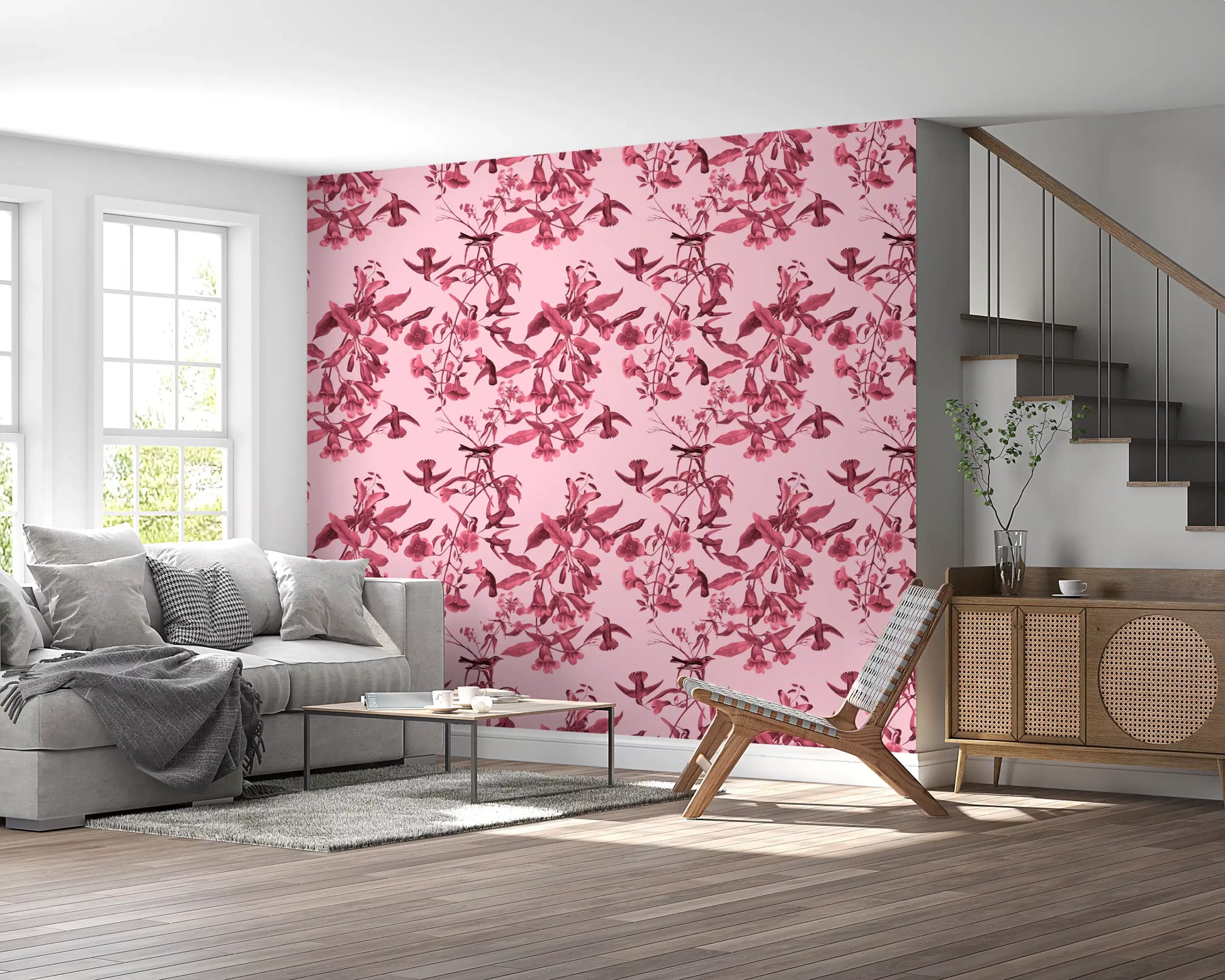 Tonal hummingbirds drift across Botanical Flight wallpaper with floral branches
