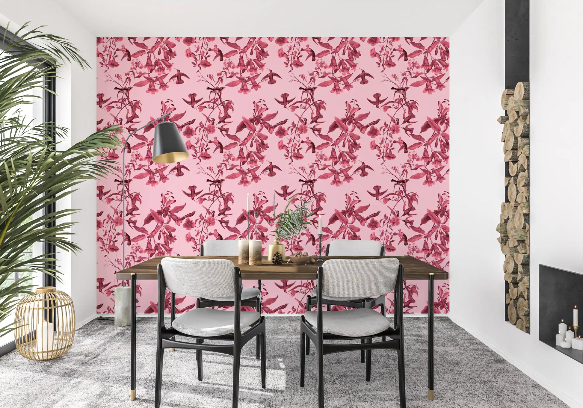 Dining room Magenta Botanical Flight wallpaper with tonal birds and pink blooms