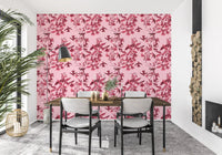 Dining room Magenta Botanical Flight wallpaper with tonal birds and pink blooms