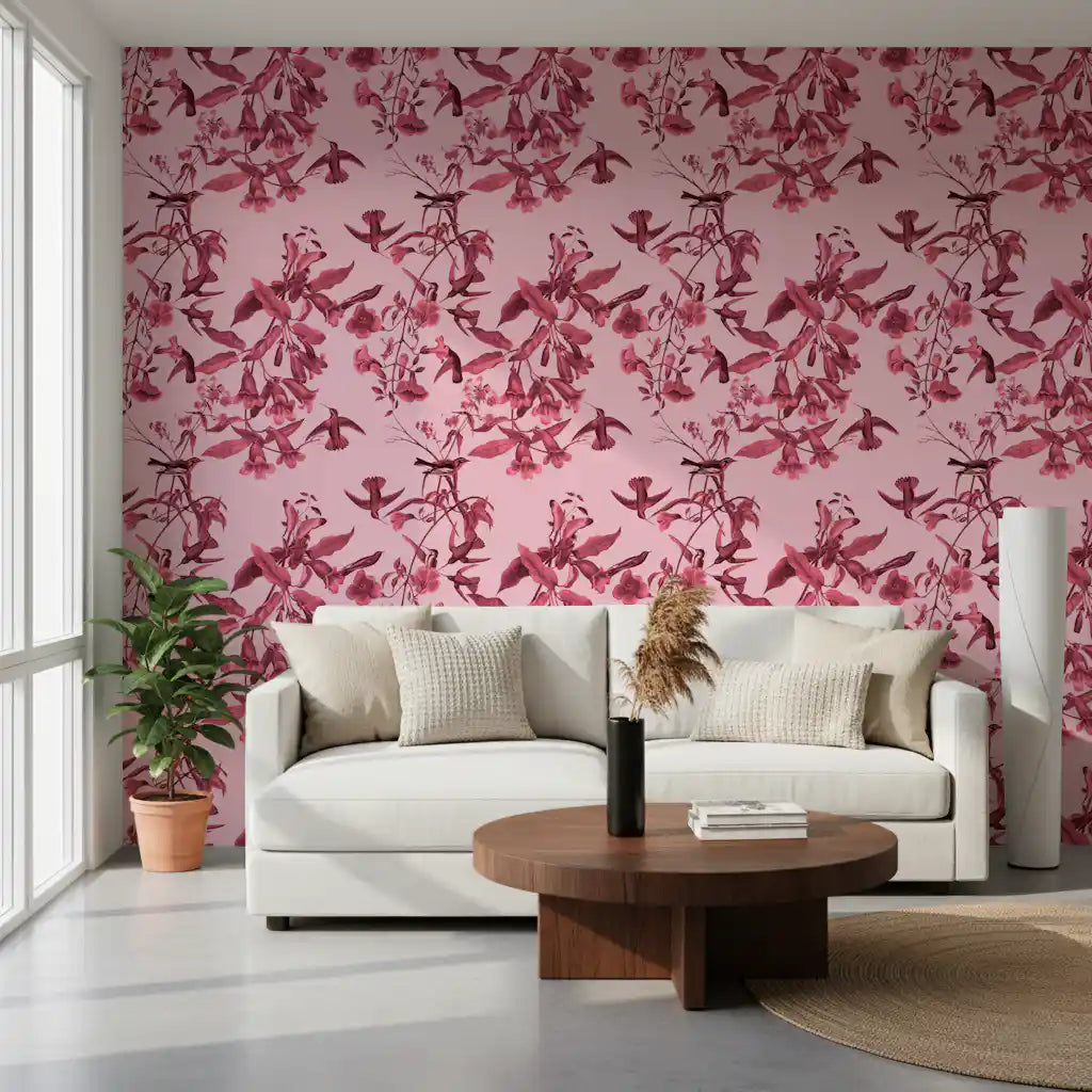 Home office Magenta Botanical wallpaper with monochrome blossom detailing
