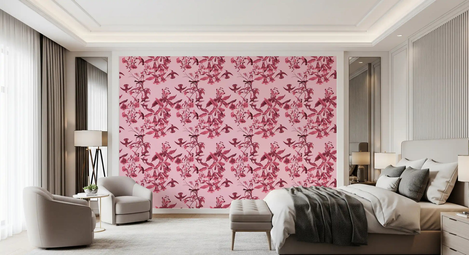 Monochrome nature pattern on Botanical Flight wallpaper with layered blossoms