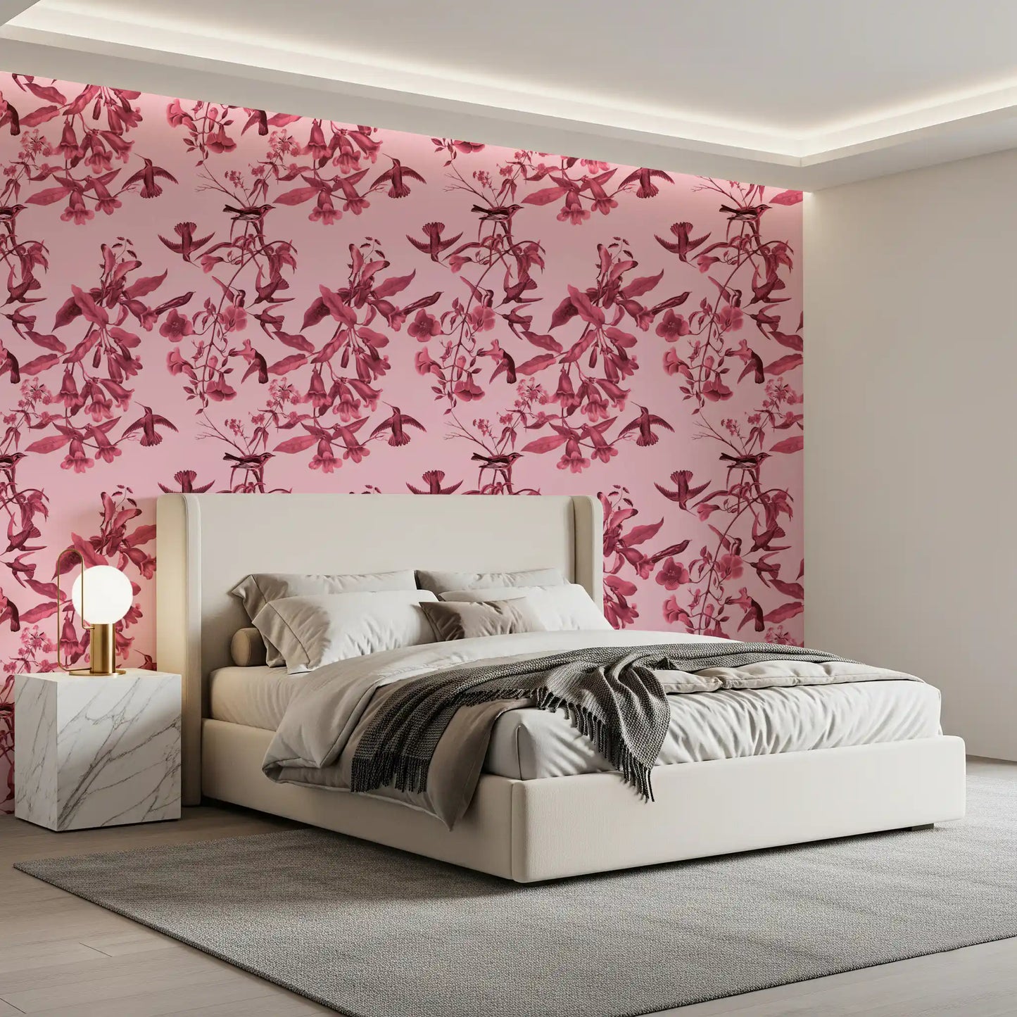 Magenta Botanical Flight wallpaper with bell flowers and perched bird artwork