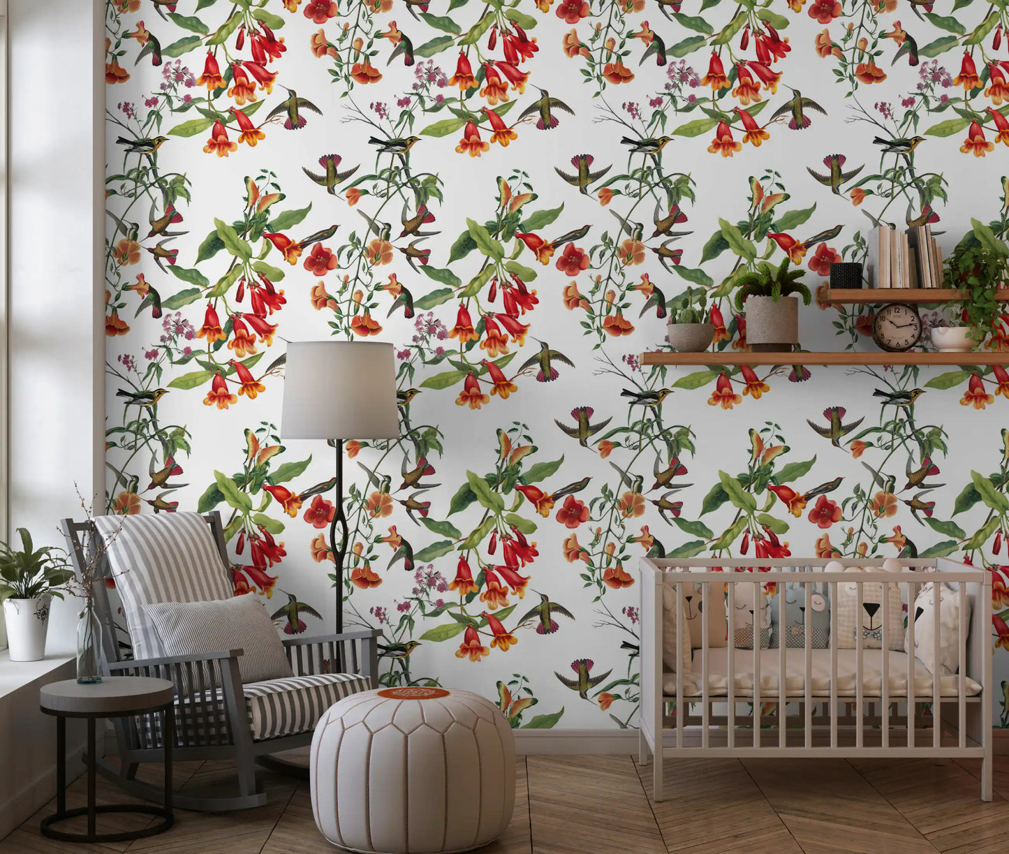 Exotische Gartenvögel und tropische Blumen Tapete