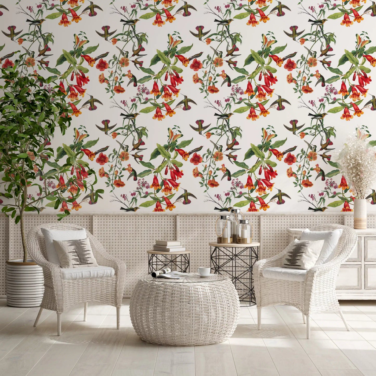 Exotische Gartenvögel und tropische Blumen Tapete