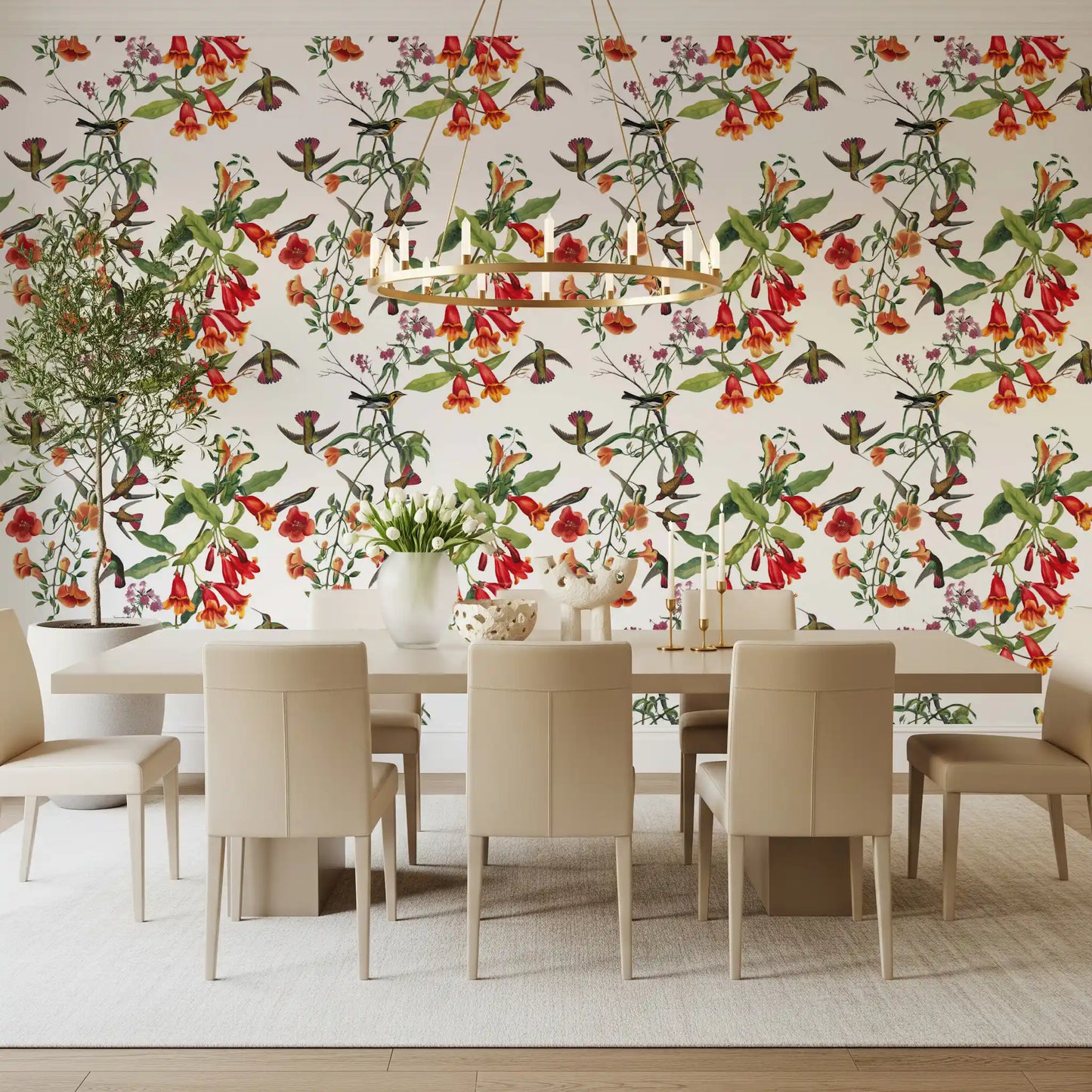 Exotische Gartenvögel und tropische Blumen Tapete