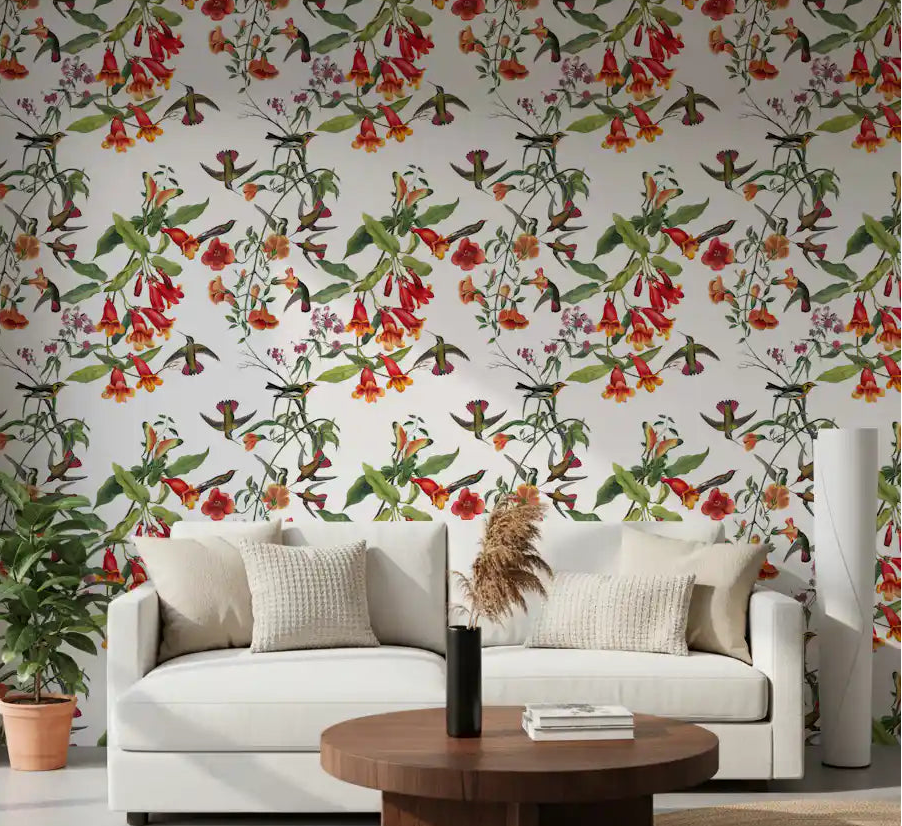 Hallway Exotic Garden Birds wallpaper with tropical flowers and hummingbirds