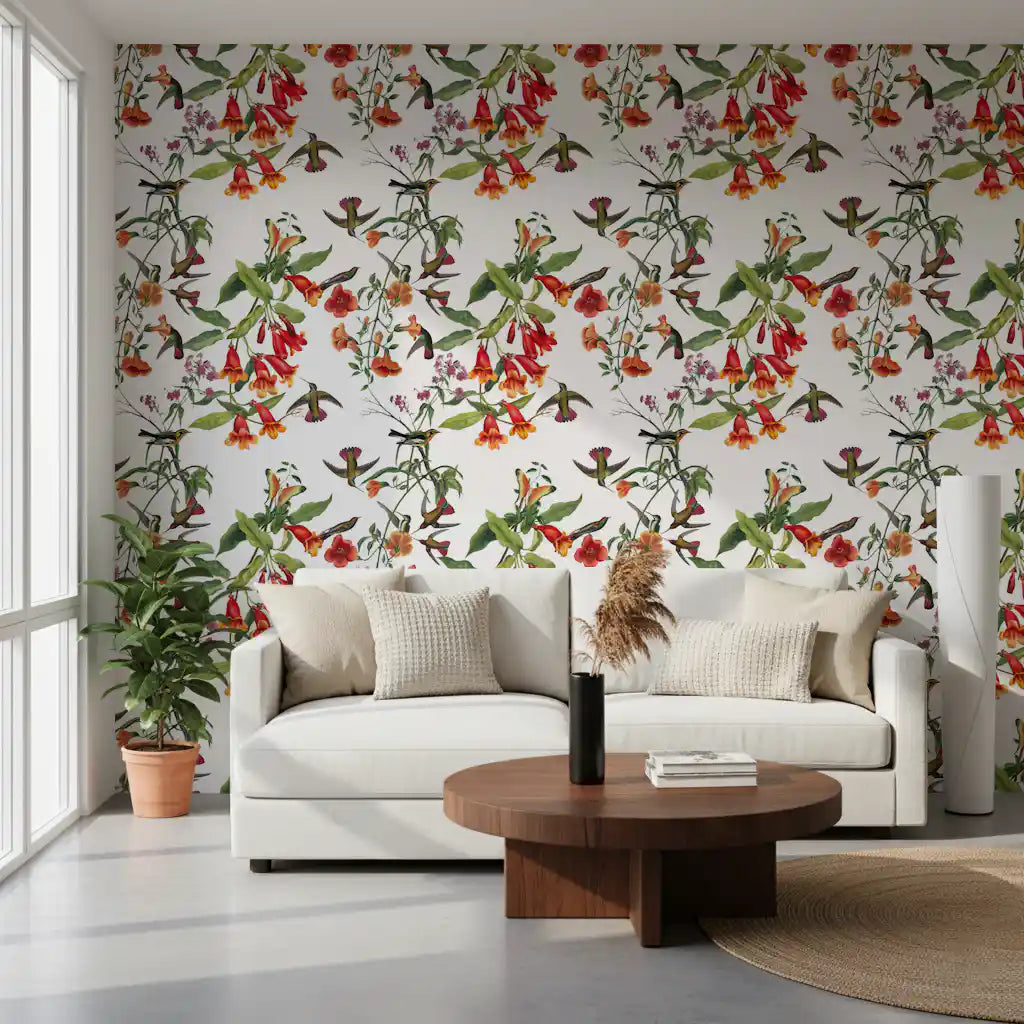 Exotische Gartenvögel und tropische Blumen Tapete