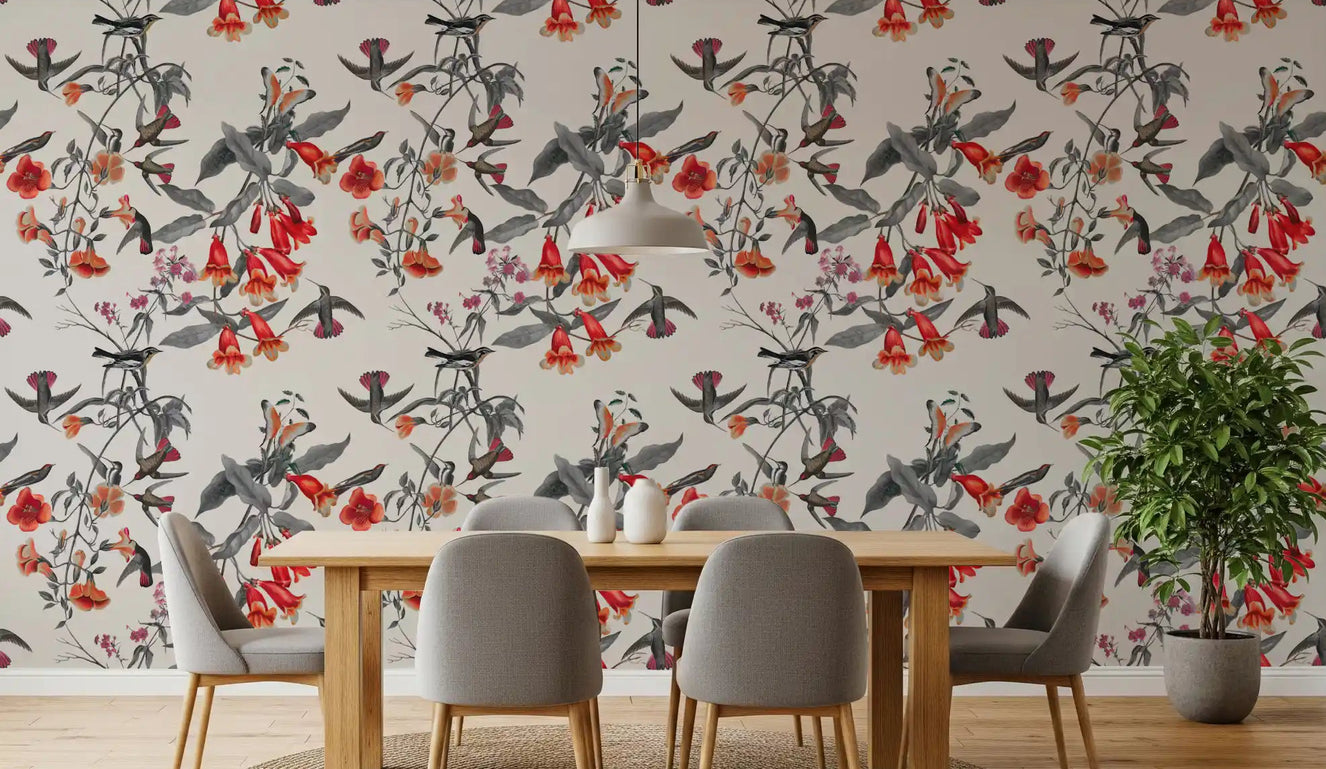Dining room wall with Crimson Flower Aviary wallpaper and scarlet botanical birds