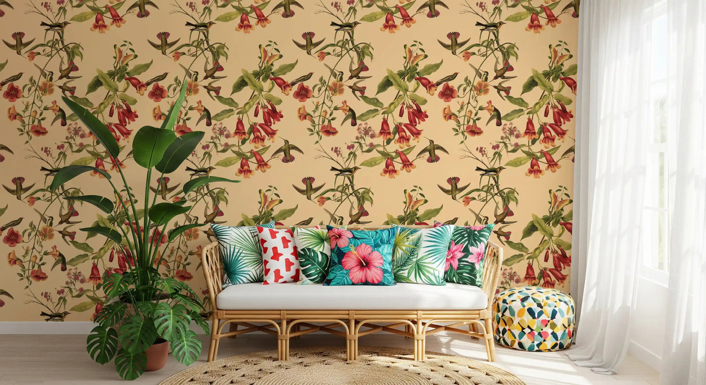 Hallway Tropical Flowers and Hummingbirds Vintage Style Wallpaper in vintage nature style