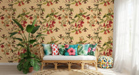 Hallway Tropical Flowers and Hummingbirds Vintage Style Wallpaper in vintage nature style