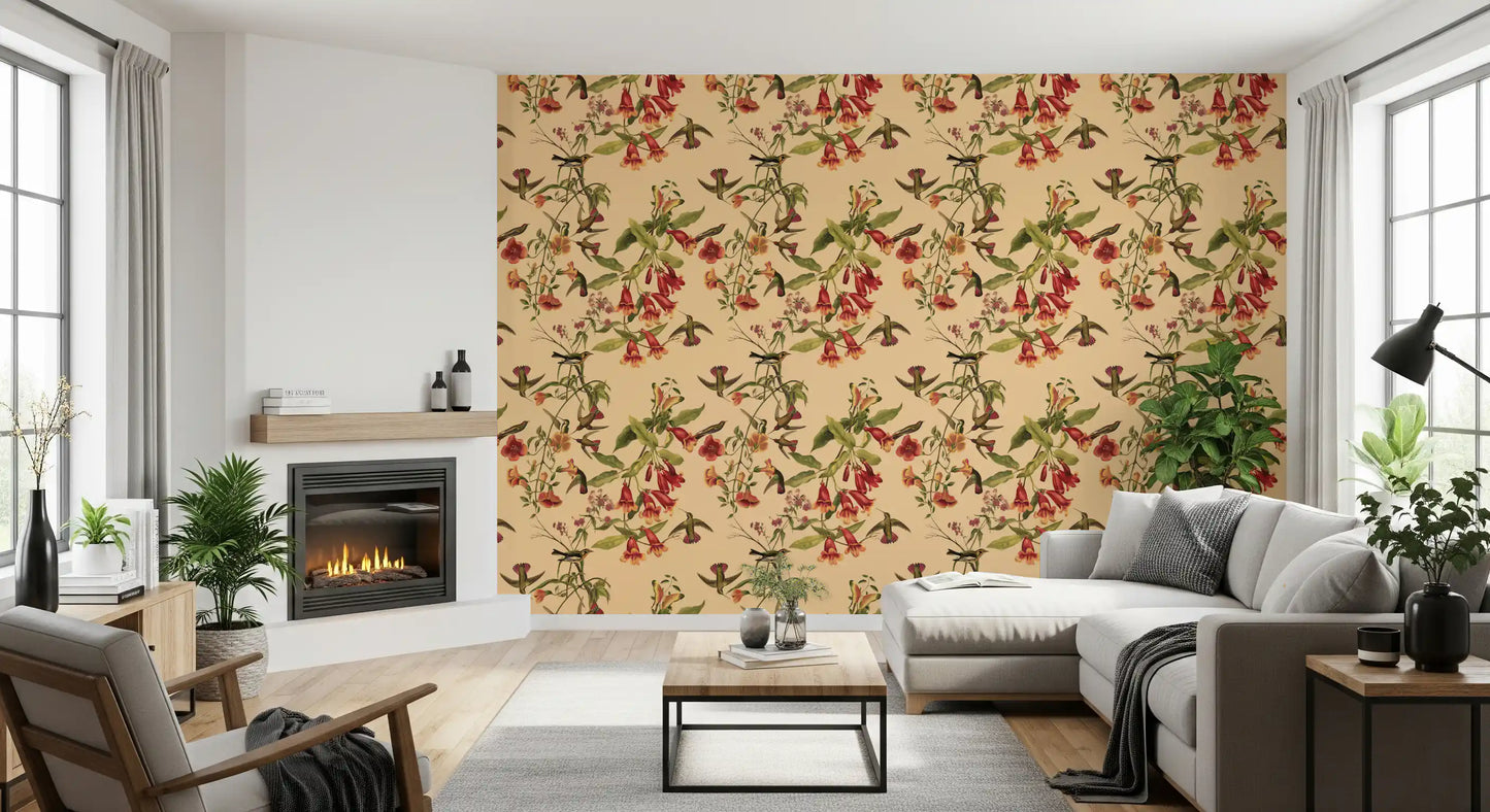 Tropical Flowers and Hummingbirds Vintage Style Wallpaper with hanging trumpet blooms